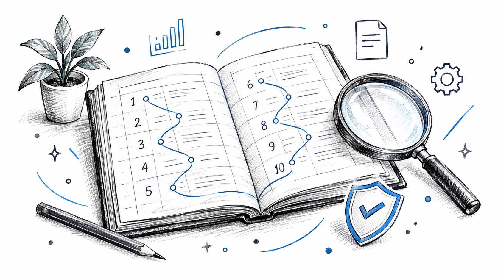 An open planner with a numbered list, a magnifying glass, and a shield icon representing financial audit.