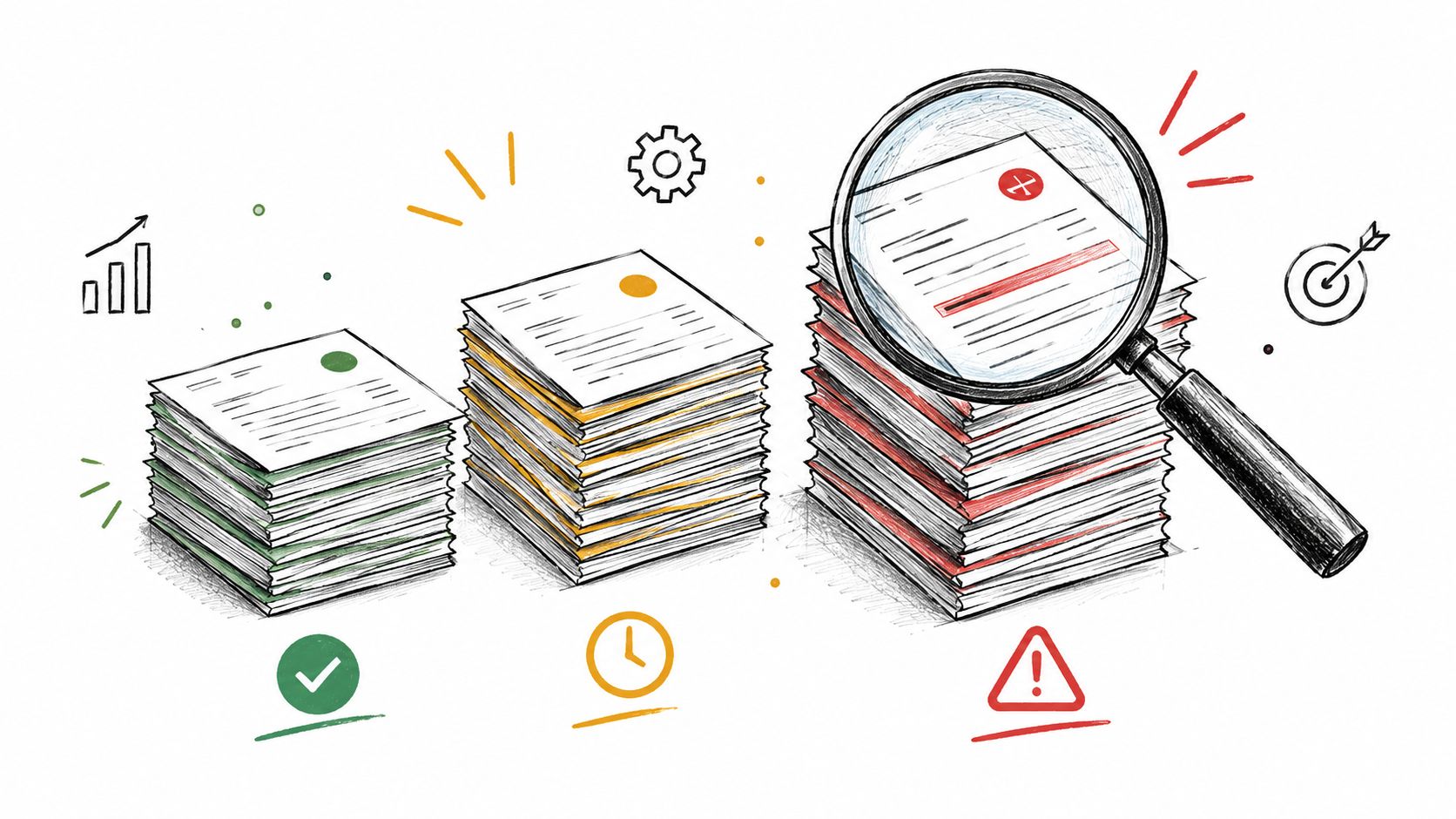 A conceptual illustration of stacks of paperwork with varying status represented by green, yellow, and red highlights.