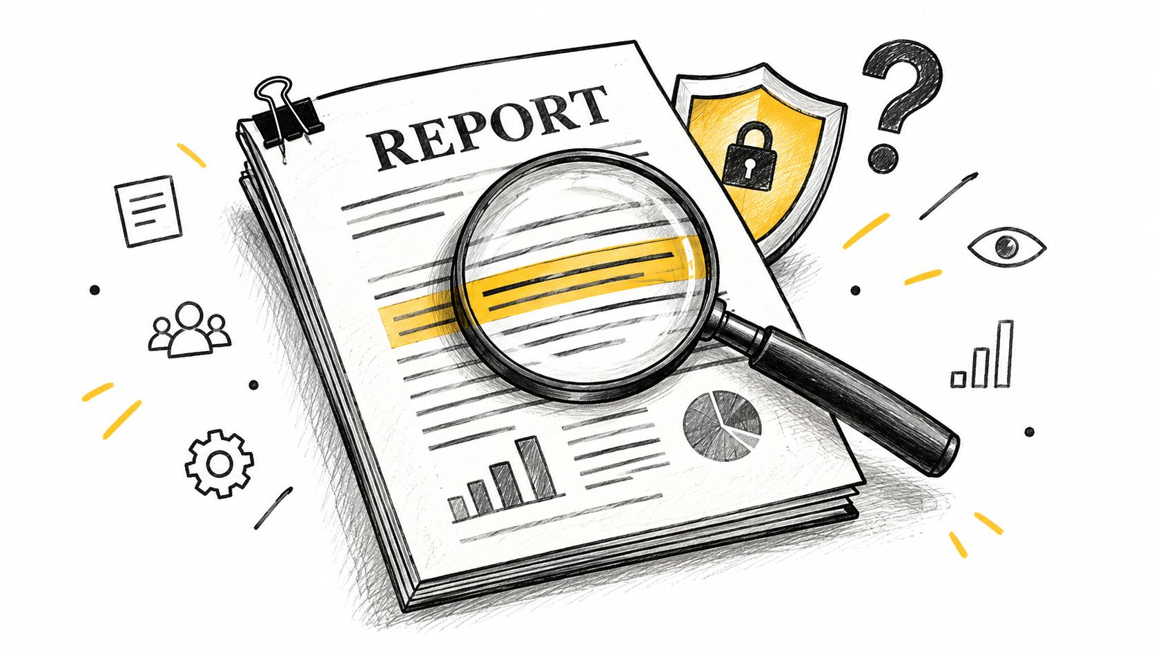 A magnifying glass inspecting a report with a security shield and padlock icon symbolizing data compliance auditing.