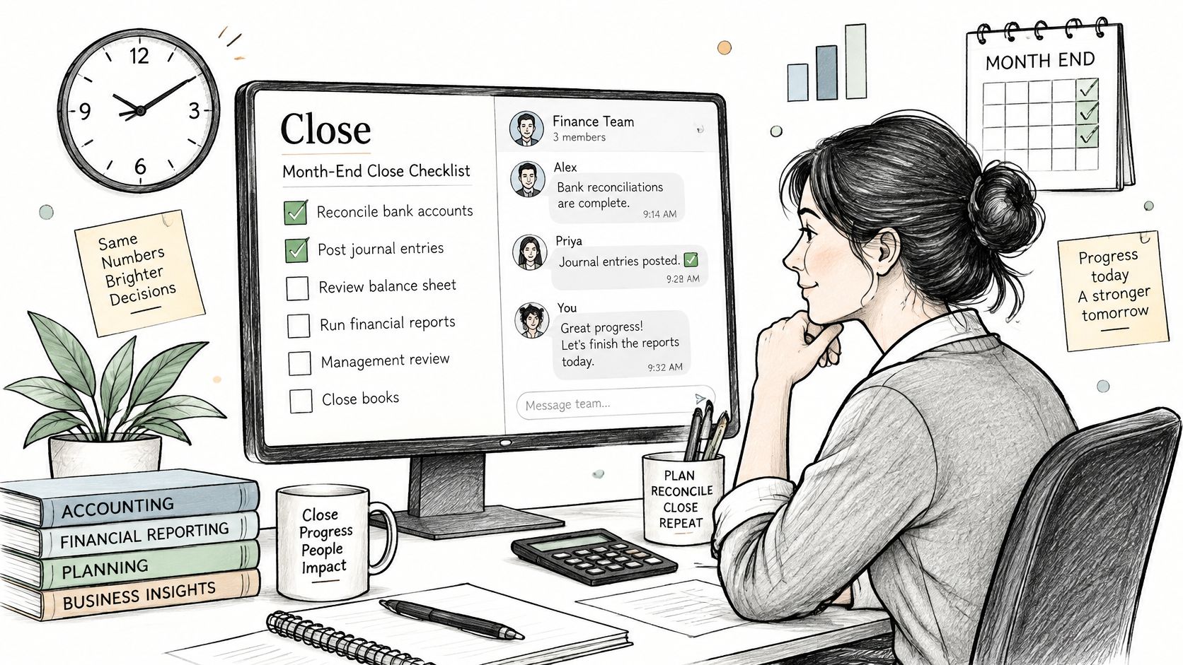 A professional woman working at her desk on a month-end financial close checklist using software.