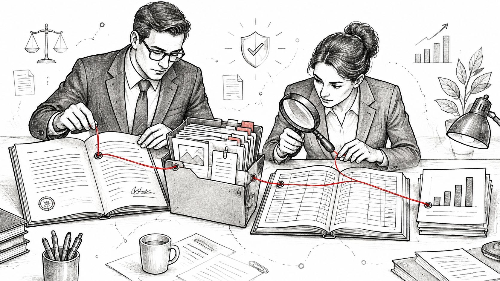 A professional man and woman auditing financial documents and records with a magnifying glass and red thread.