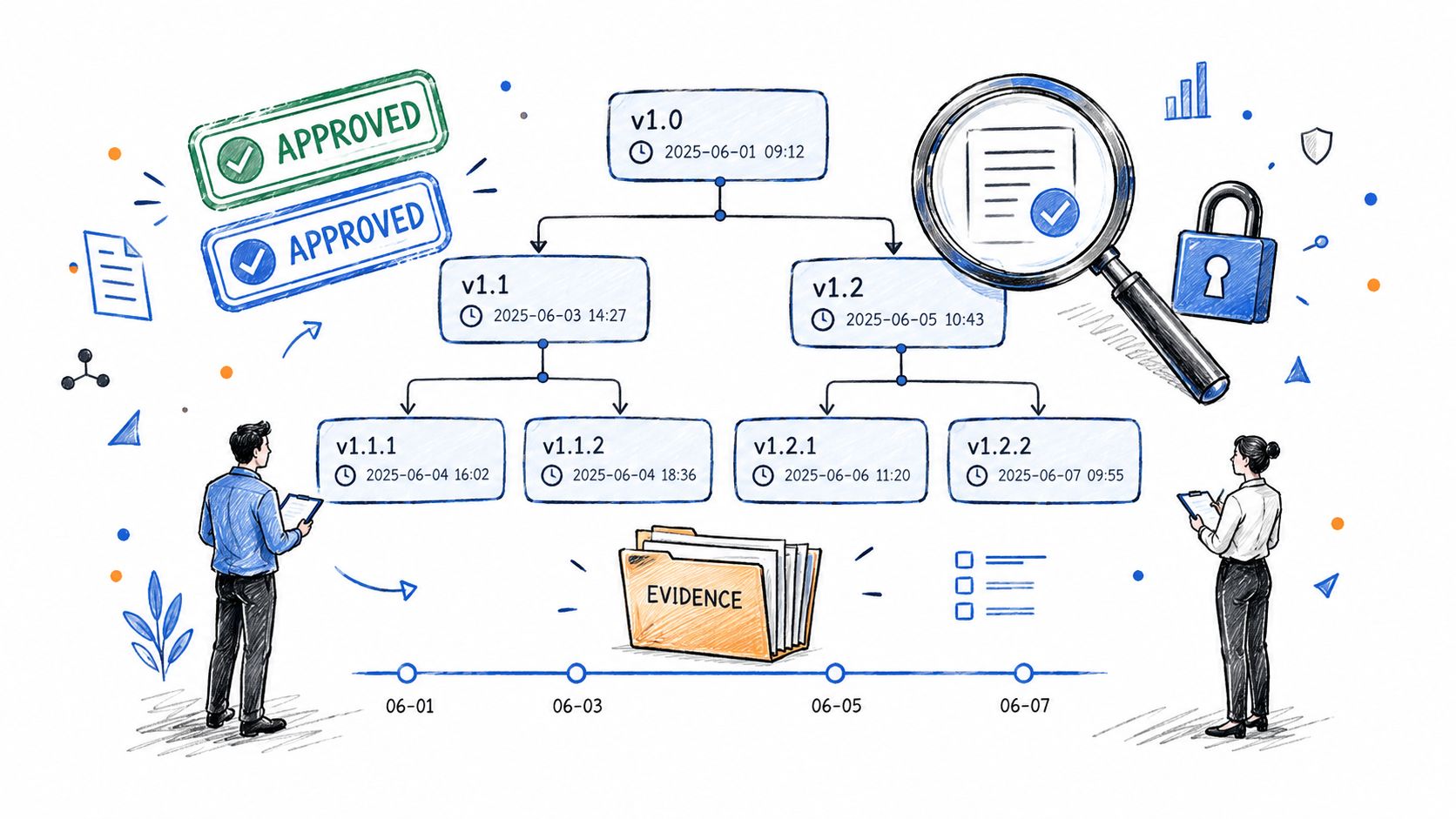 A diagram illustrating a software version control process with document approval and evidence tracking by professional reviewers.