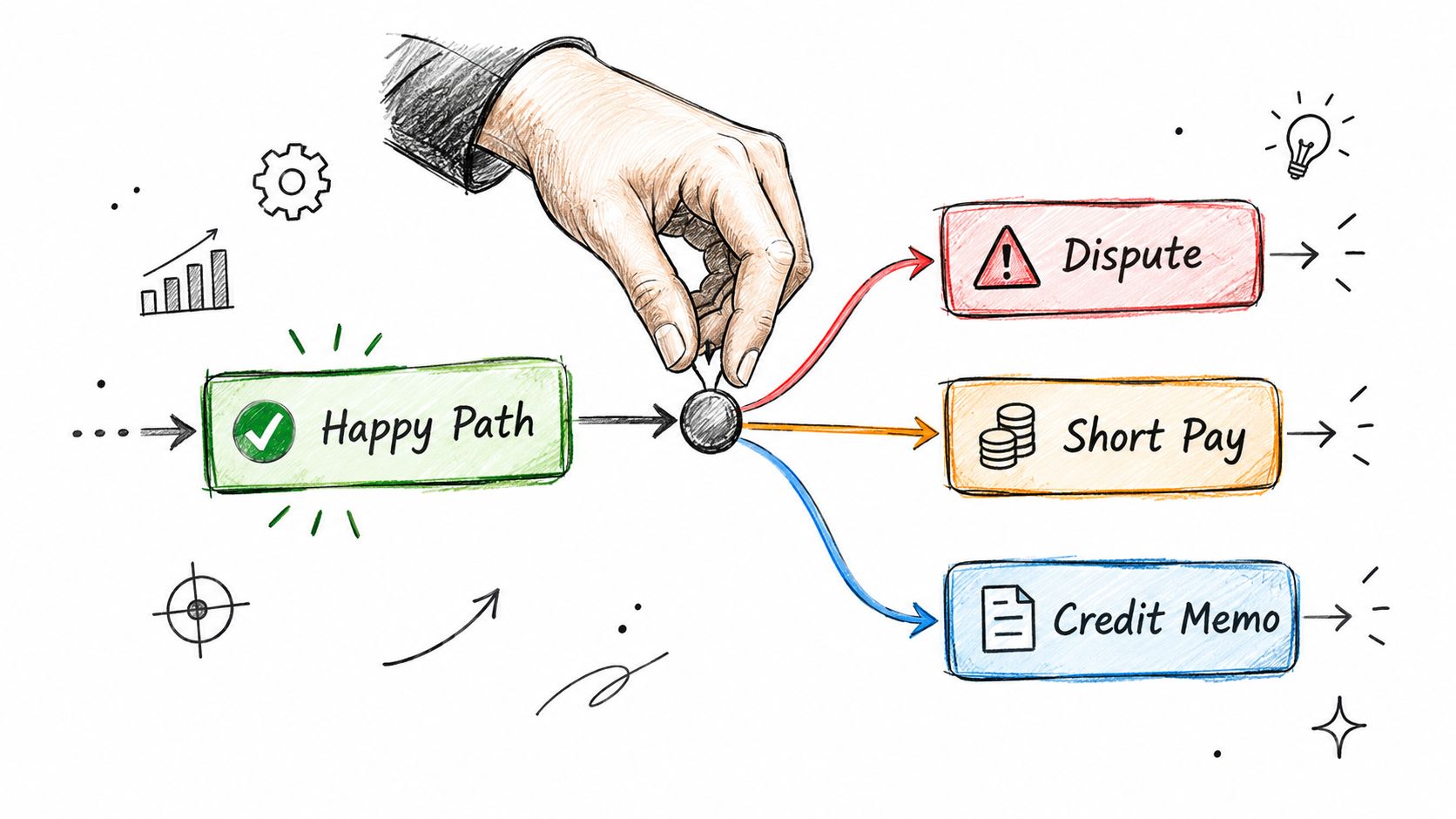 A hand-drawn illustration depicting a business flowchart showing the accounts receivable collection process branching into various payment issues.