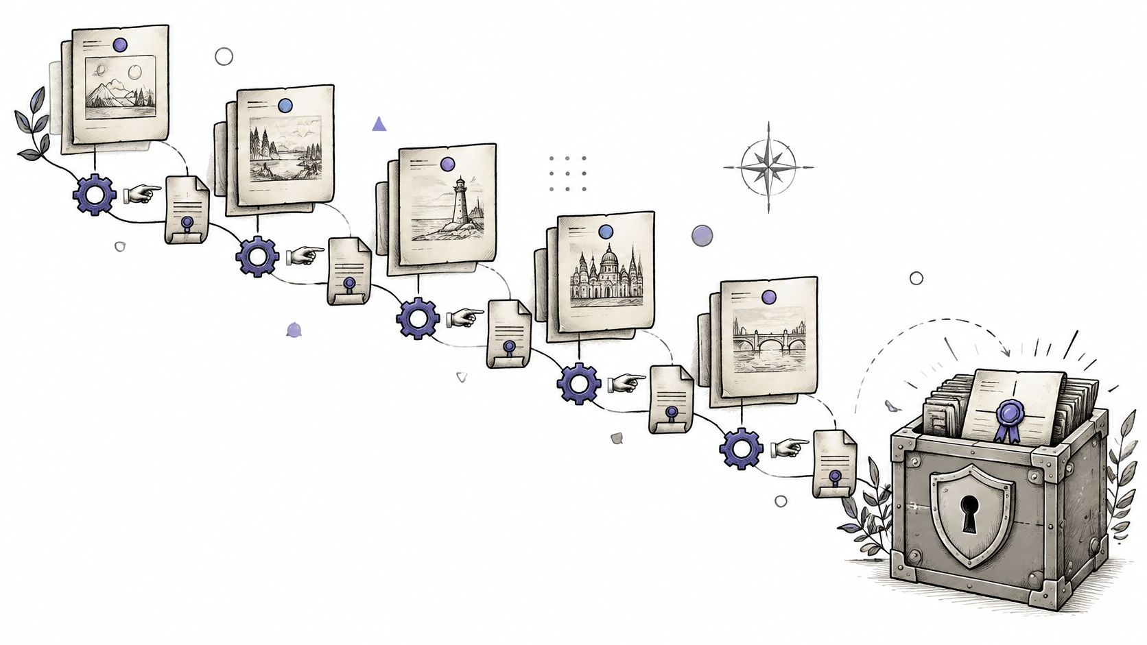 A visual flow diagram showing documents processed through gears leading into a secure locked storage chest.