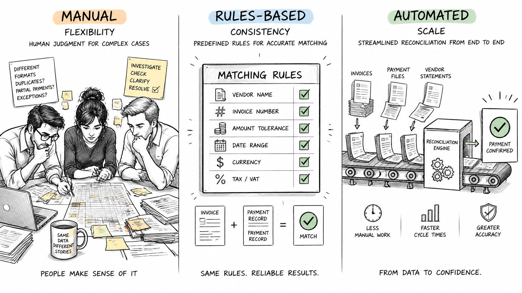 A visual comparison showing manual, rules-based, and automated processes for efficient vendor payment reconciliation in business accounting.