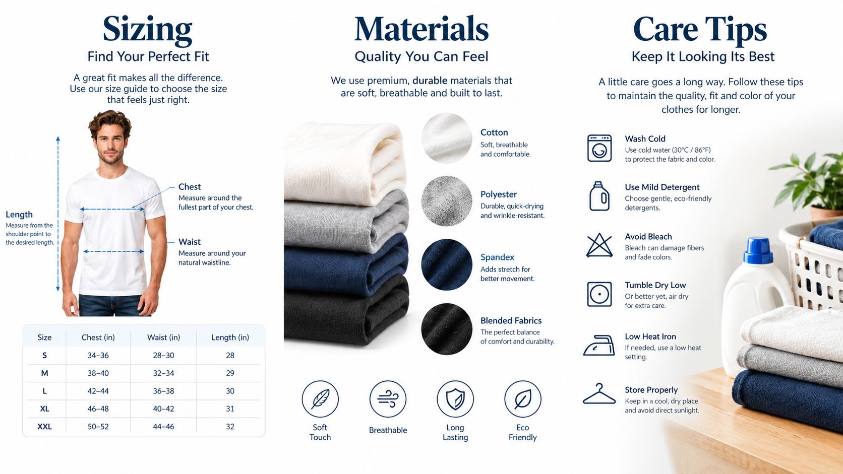 A sizing guide for men's apparel featuring instructions for measurements, material composition, and clothing care recommendations.