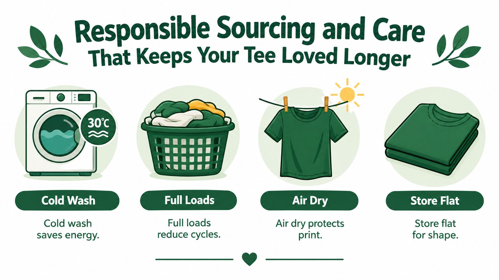 An infographic showing tips for washing and caring for sustainable t-shirts, including washing cold and air drying.