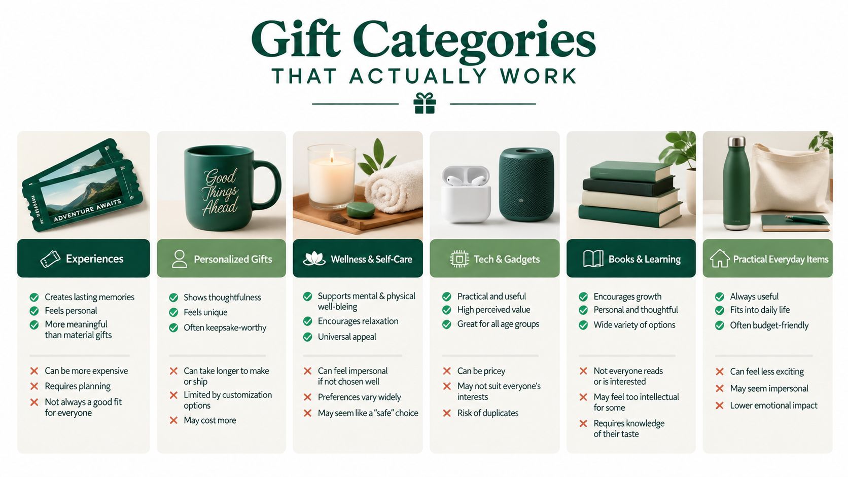 A visual guide illustrating six popular gift categories including experiences, personalized items, wellness products, tech gadgets, books, and practical goods.