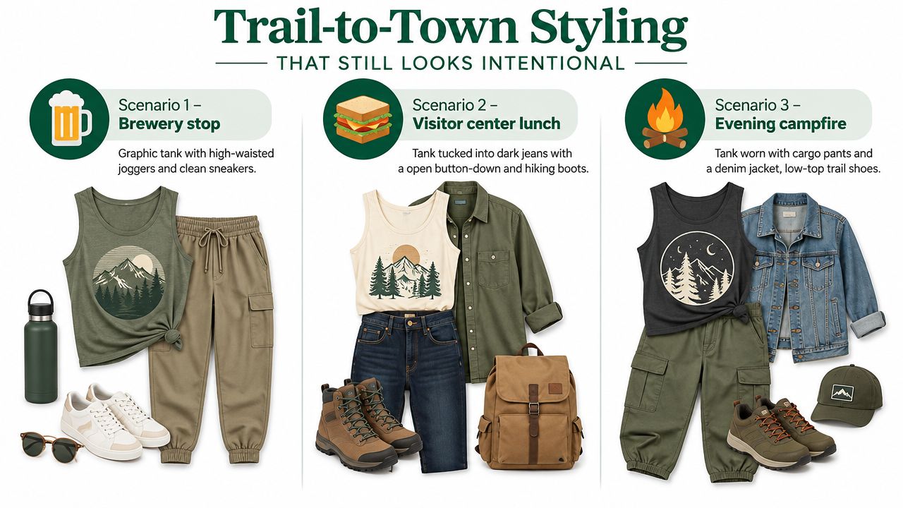 A styling guide showing three different outfits featuring a women's graphic tank top for various occasions.
