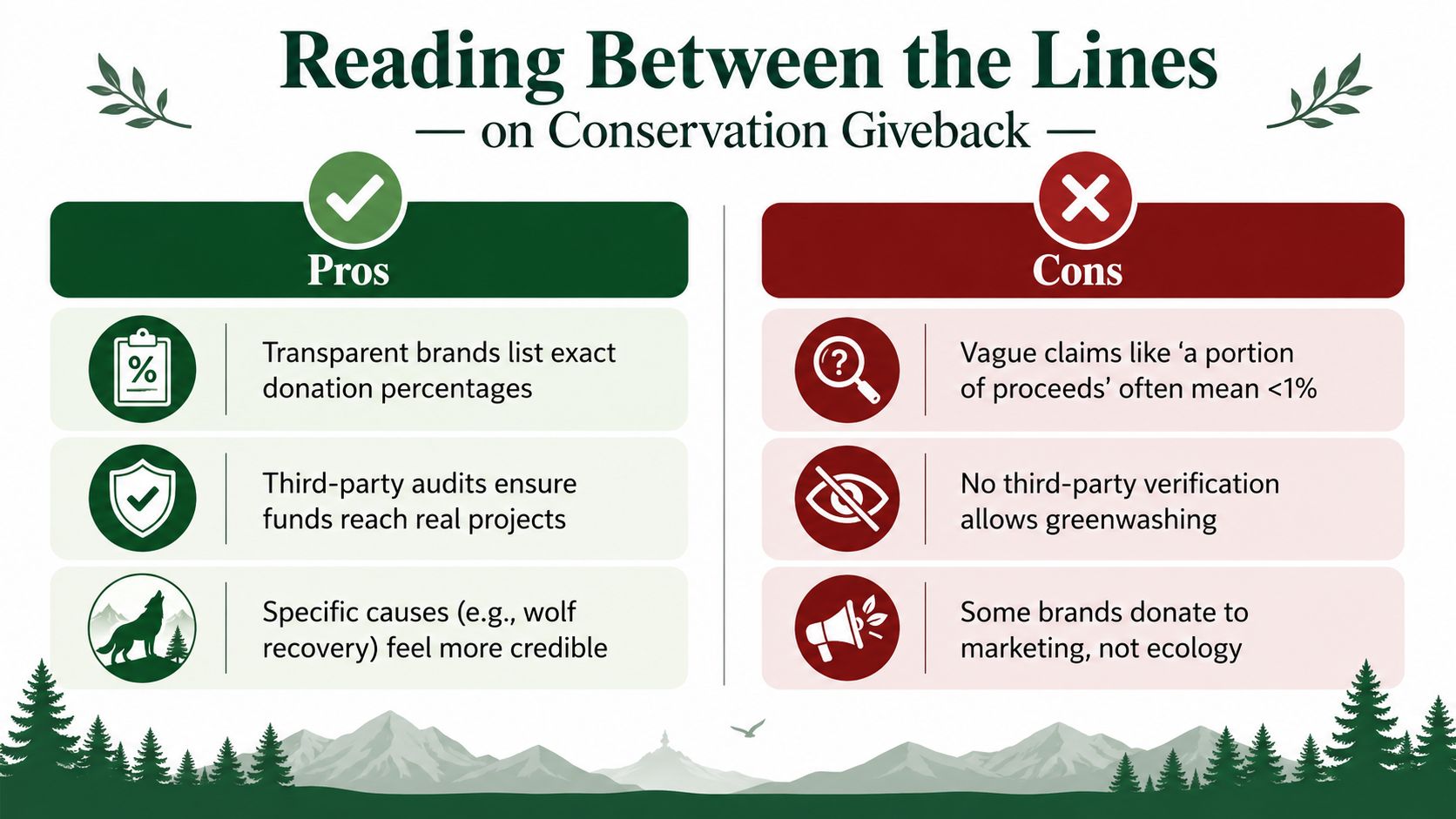 An infographic comparing the pros and cons of brand conservation giveback programs using text and icons.
