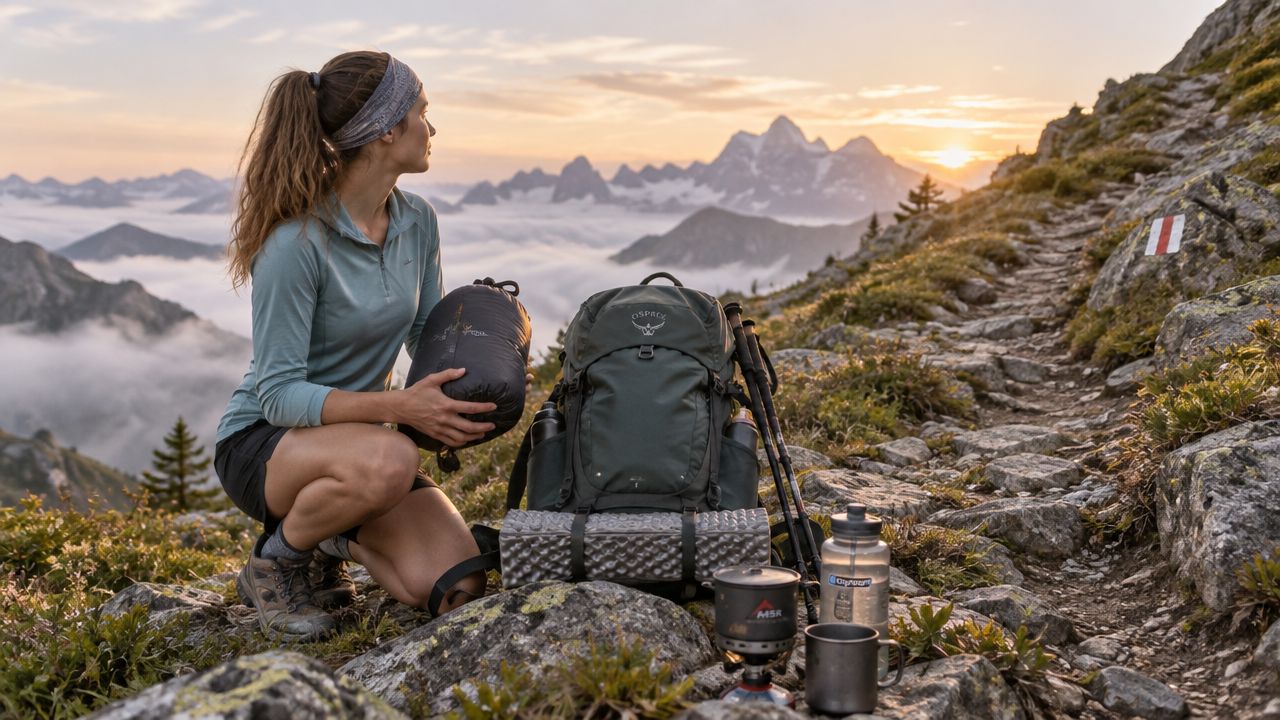 A woman hiker prepares her gear with a sleeping bag while camping on a mountain trail at sunset.