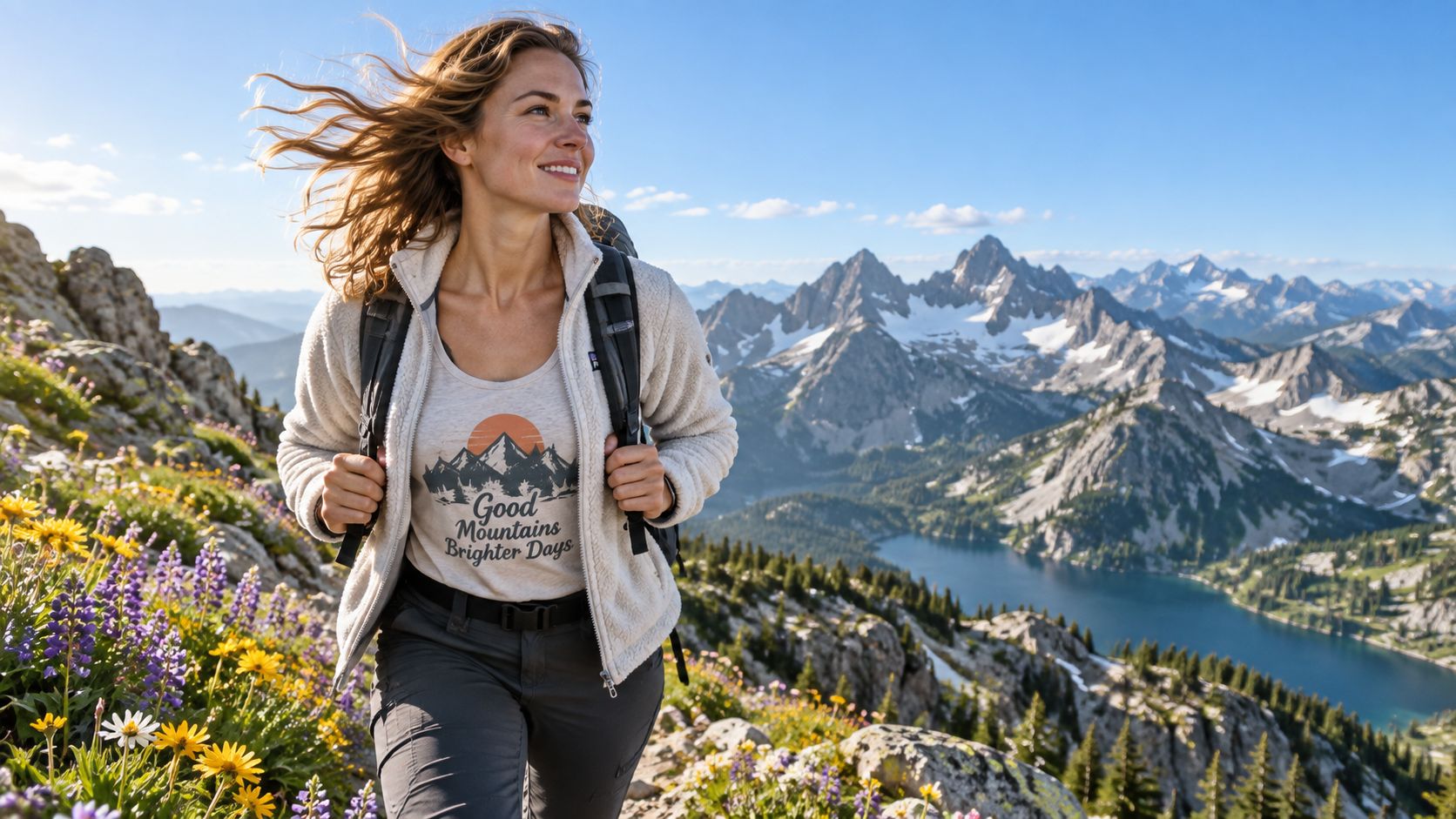 A smiling woman wearing a graphic tank top hiking through a beautiful mountain landscape with wildflowers.