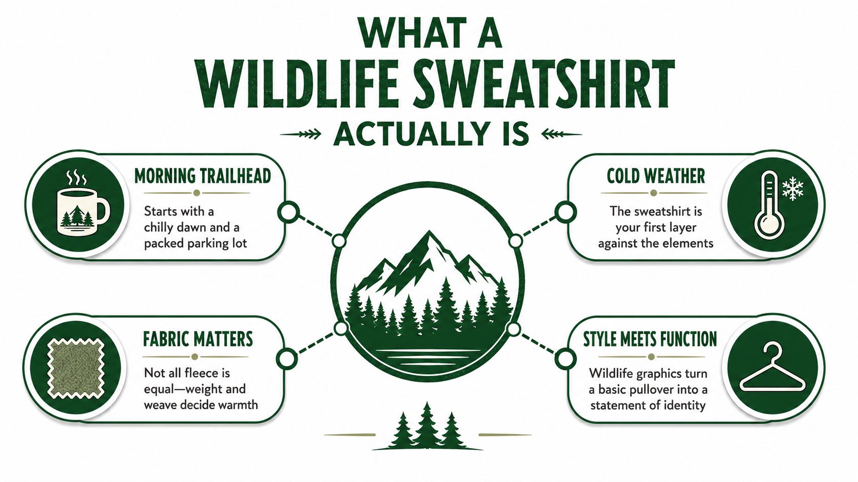 An infographic titled What A Wildlife Sweatshirt Actually Is, featuring four key benefits of wearing wildlife-themed apparel outdoors.