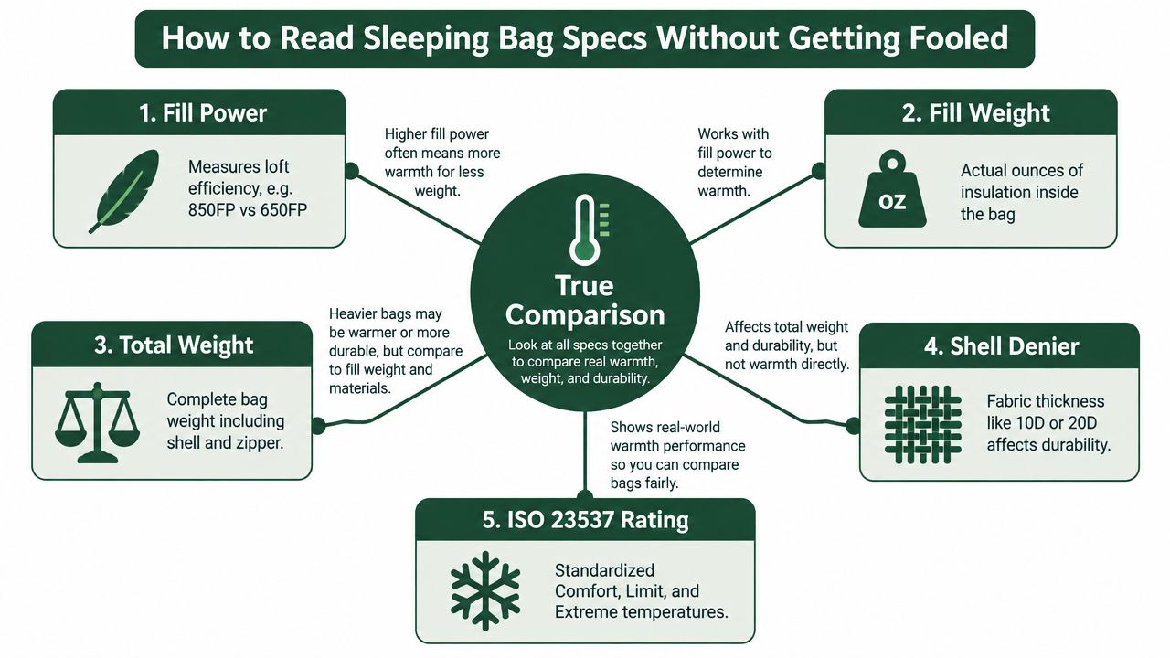 An infographic explaining key sleeping bag specifications including fill power, fill weight, total weight, shell denier, and temperature ratings.