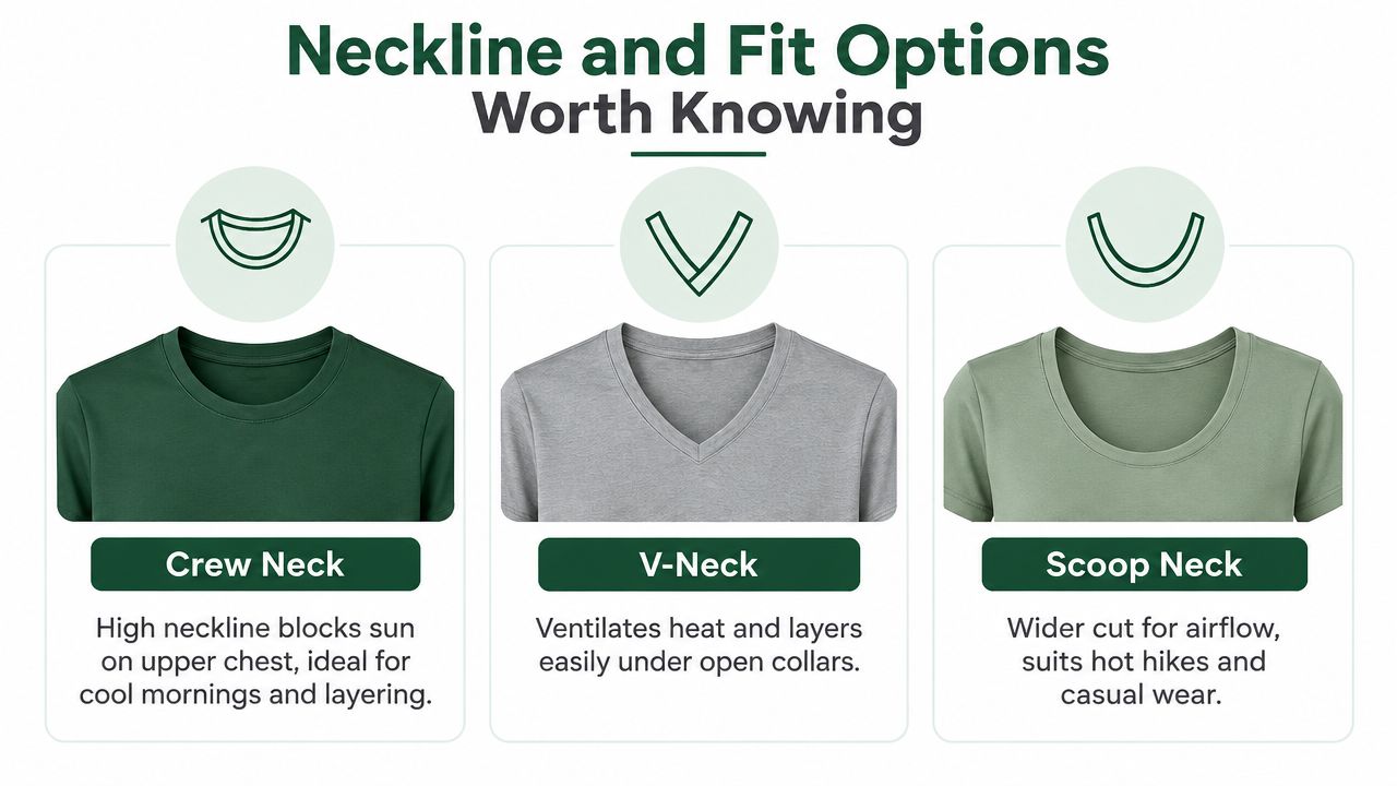 A graphic showing different neckline styles including crew neck, v-neck, and scoop neck for women's tops.