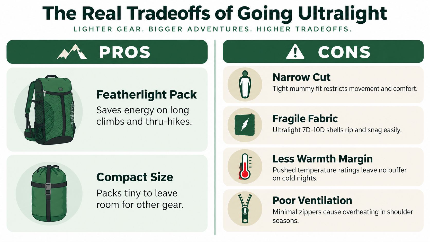 An infographic comparing the pros and cons of ultralight outdoor backpacking gear like packs and sleeping bags.