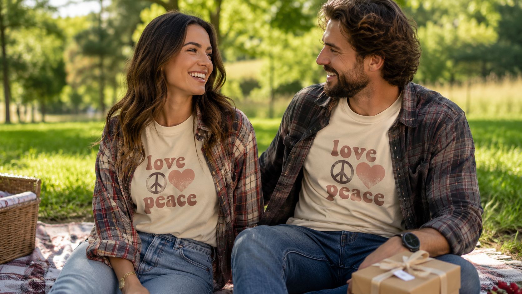 A happy couple wearing matching love and peace t-shirts sitting together on a blanket outdoors.