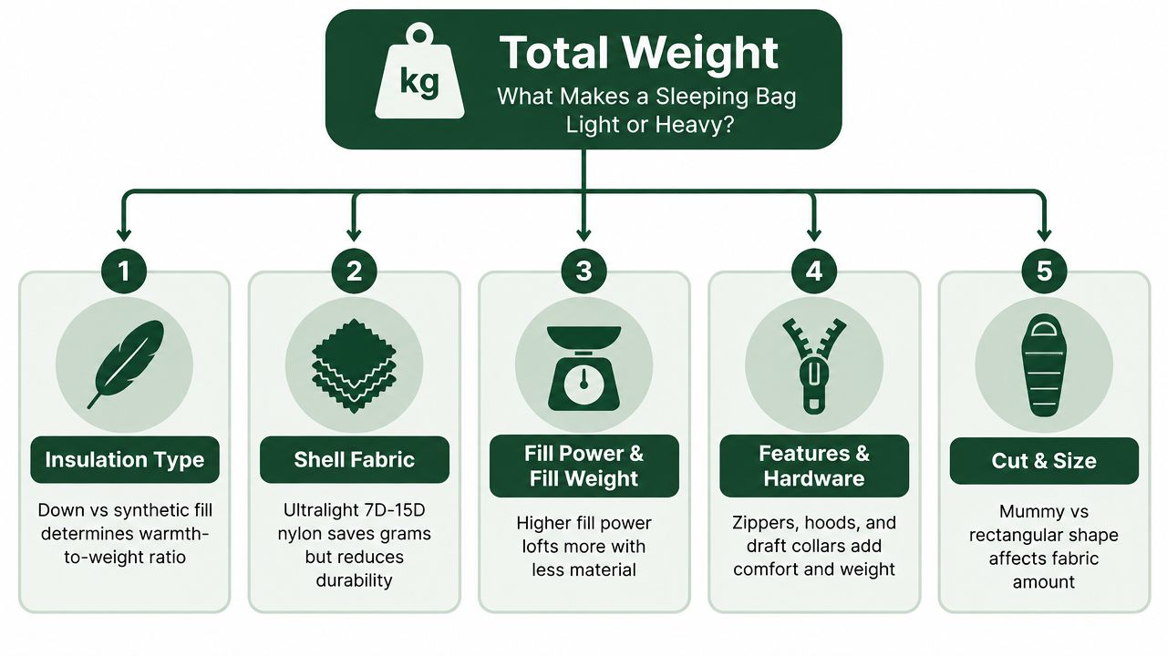 An infographic showing the five main factors that influence the total weight of a sleeping bag.