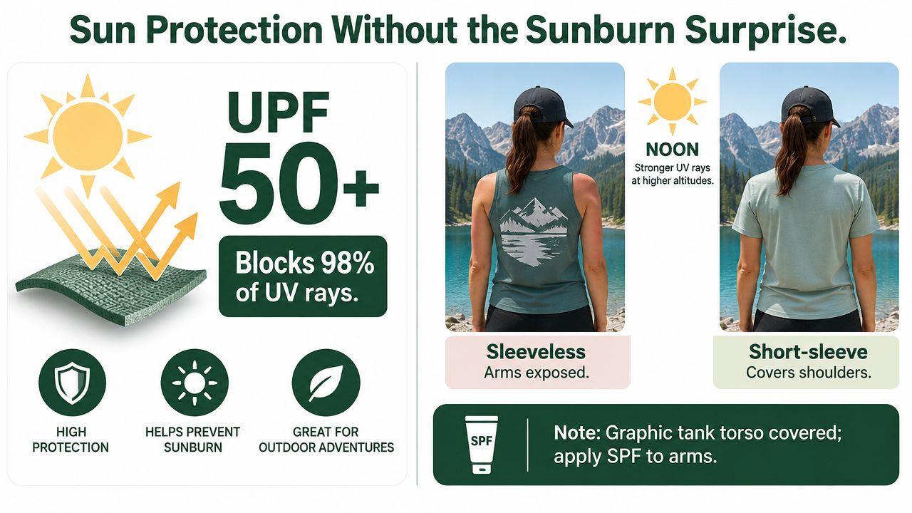 Informational graphic comparing sun protection levels for womens graphic tanks and short-sleeve shirts during outdoor activities.