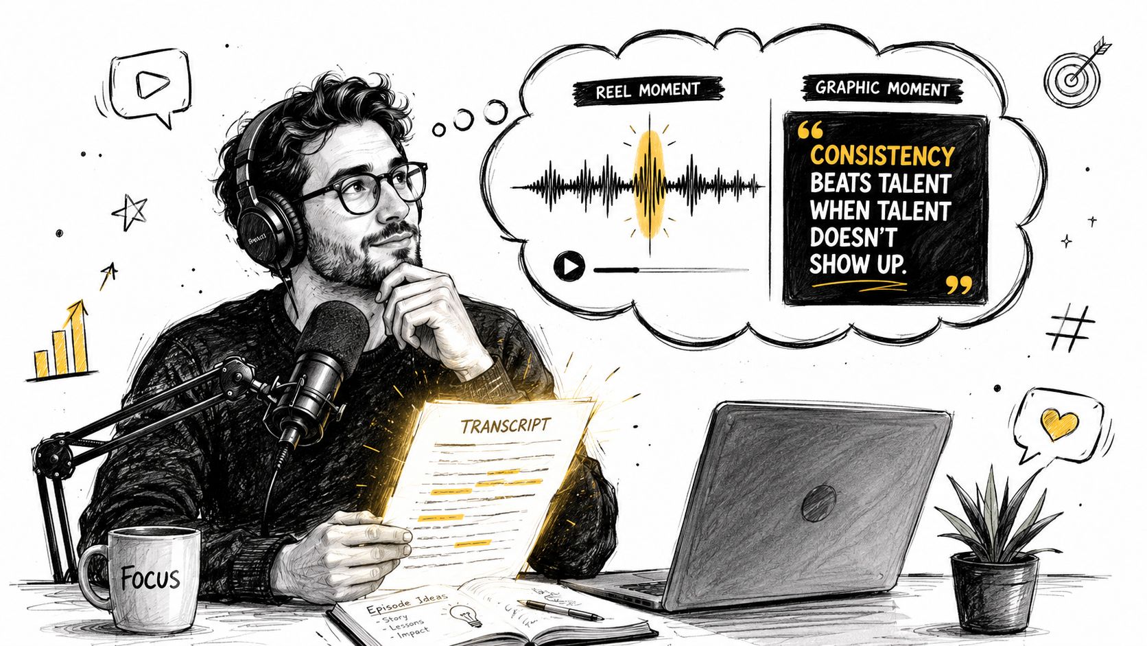 A podcast creator analyzing a transcript to repurpose content into Instagram reels and quotes.