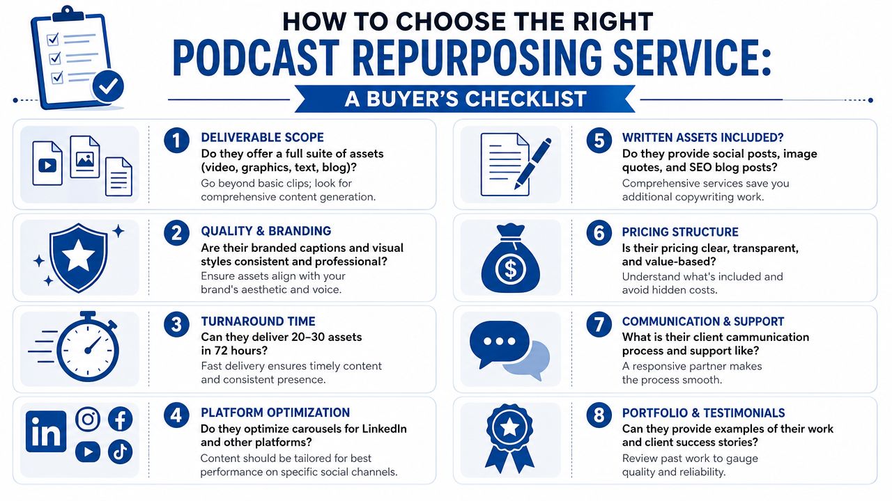 A comprehensive buyer's checklist infographic on how to choose the right podcast repurposing service for your business.