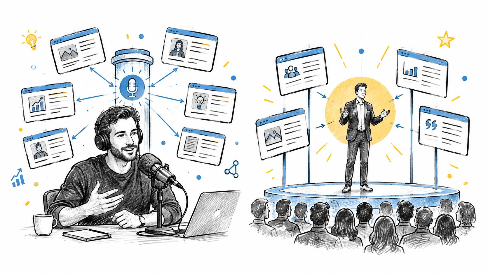 An illustration contrasting a podcast host sharing content with a presenter giving a speech to an audience.