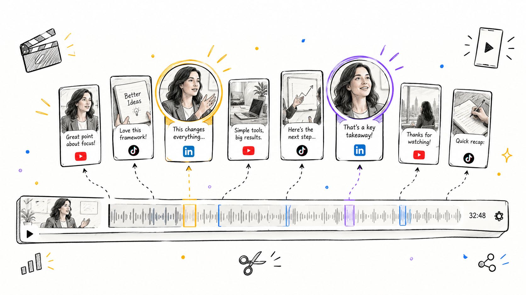 A diagram illustrating the process of repurposing long-form video content into short social media clips for platforms.