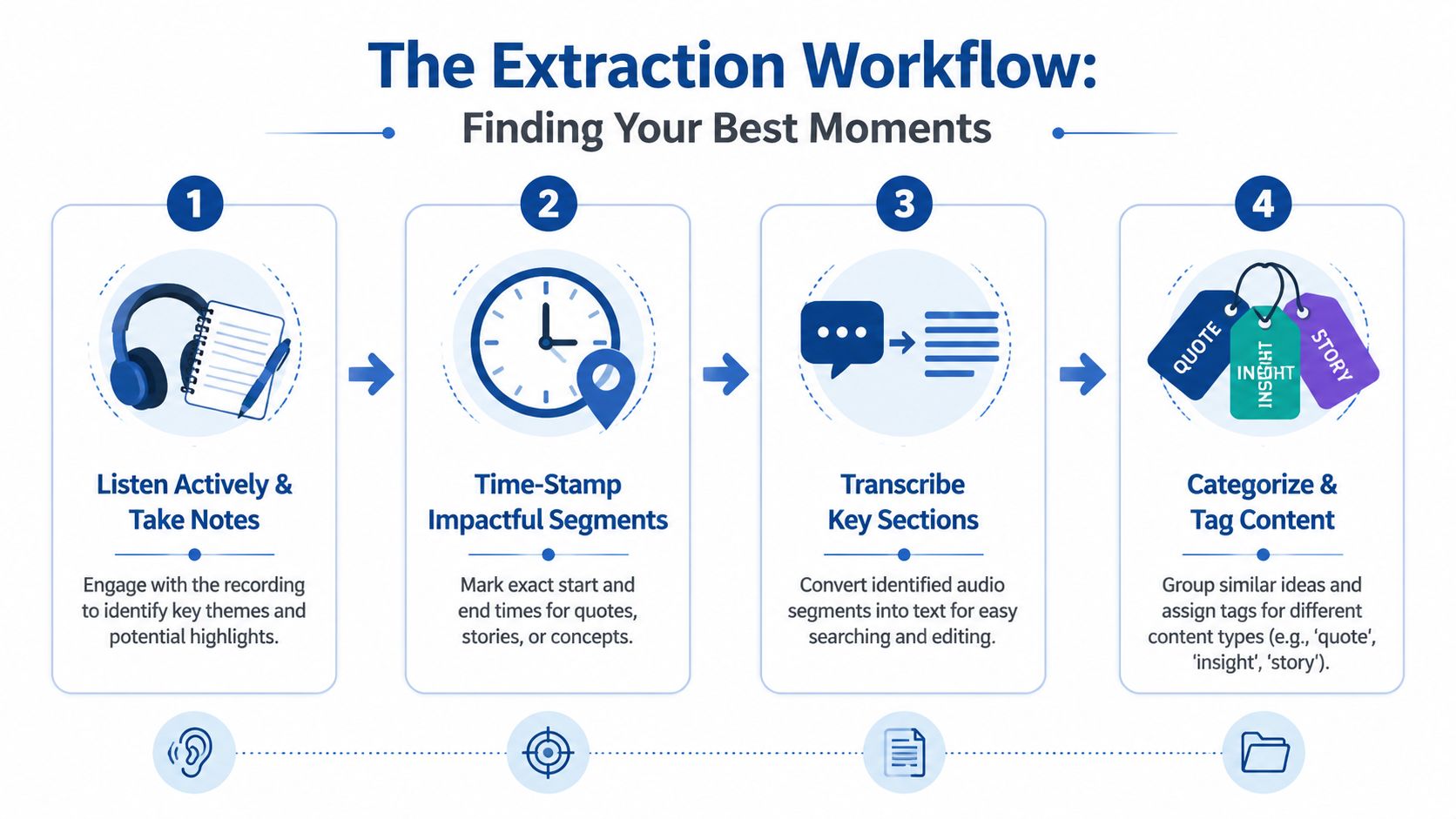 A four-step infographic illustrating a workflow for extracting and categorizing key content from podcast guest appearances.