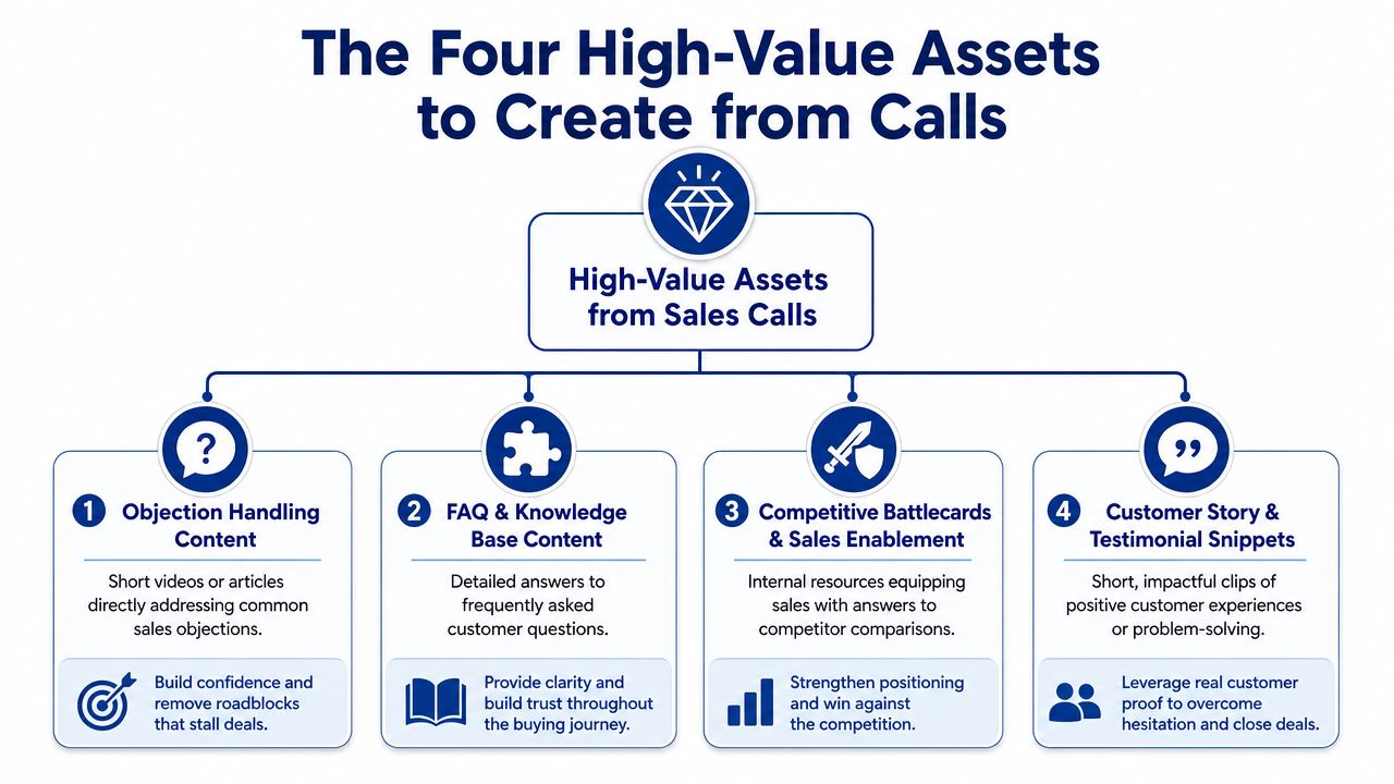 A diagram outlining four high-value content assets that can be created from sales call recordings.