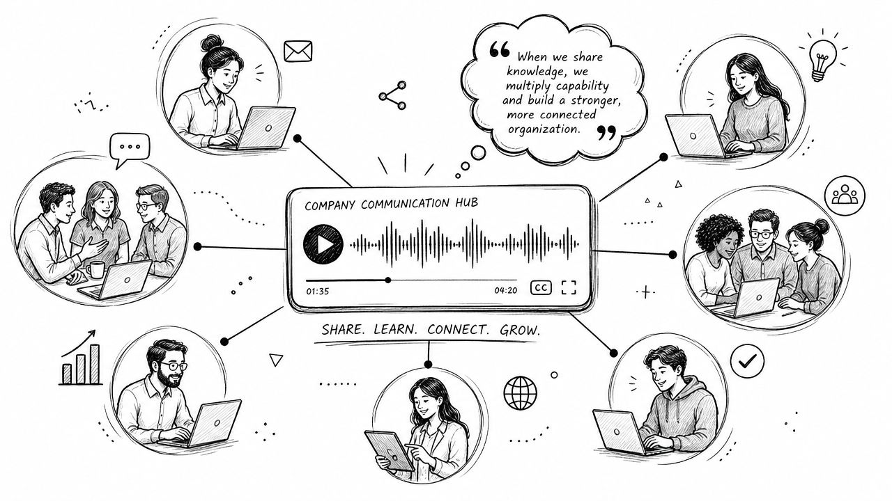 A hand-drawn illustration showing a central communication hub connected to diverse employees collaborating via digital devices.