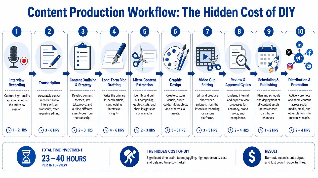 A workflow infographic detailing ten steps of DIY content production with time estimates and hidden costs.
