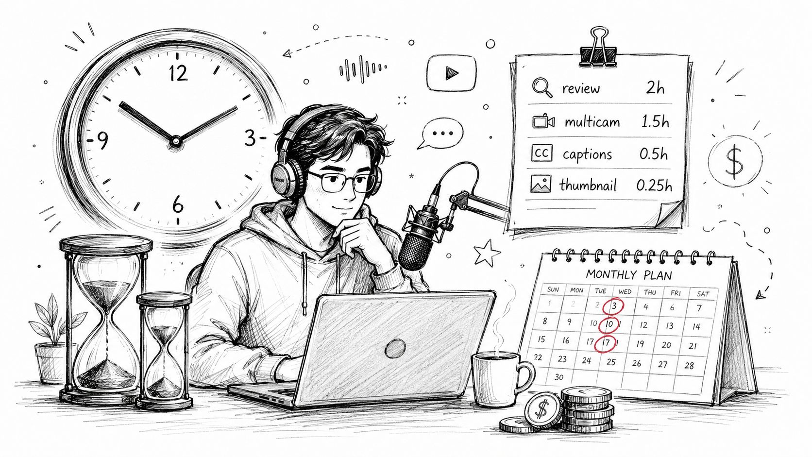 A digital illustration of a content creator editing a podcast video while tracking time and tasks.