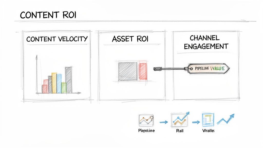 A sketched diagram illustrating content ROI, covering content velocity, asset ROI, and channel engagement metrics.