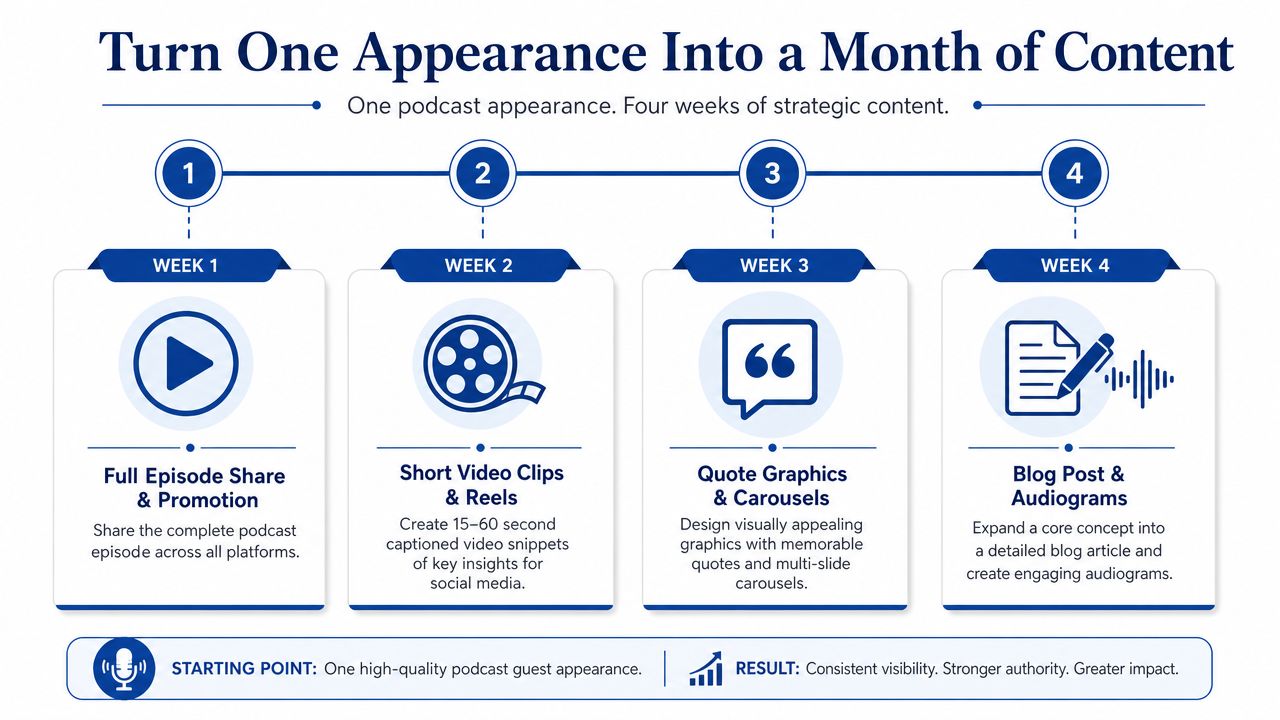 An infographic showing a four-week strategic plan to repurpose one podcast appearance into various social media content.