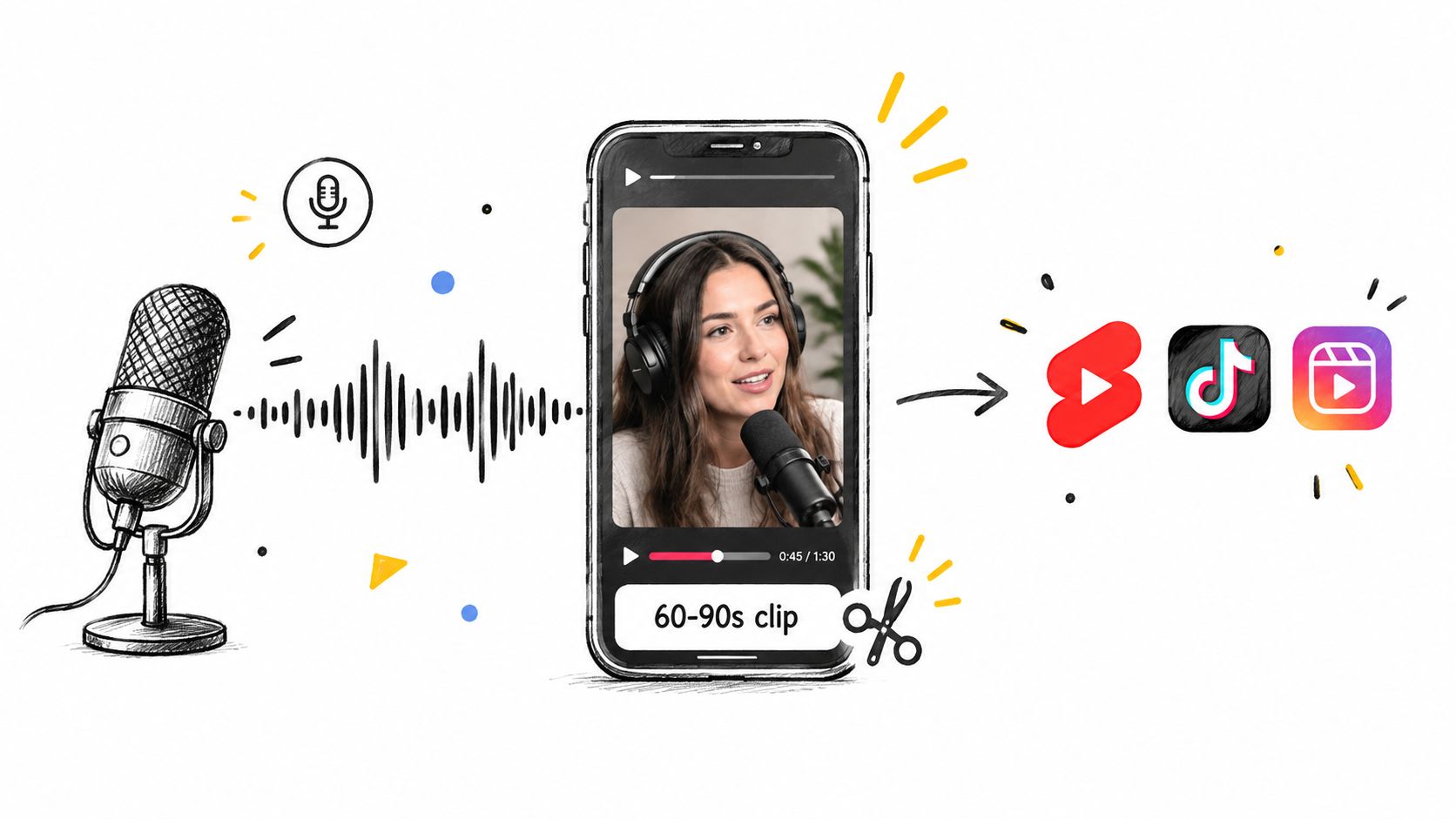 A conceptual illustration showing podcast audio being repurposed into short-form video clips for social media platforms.