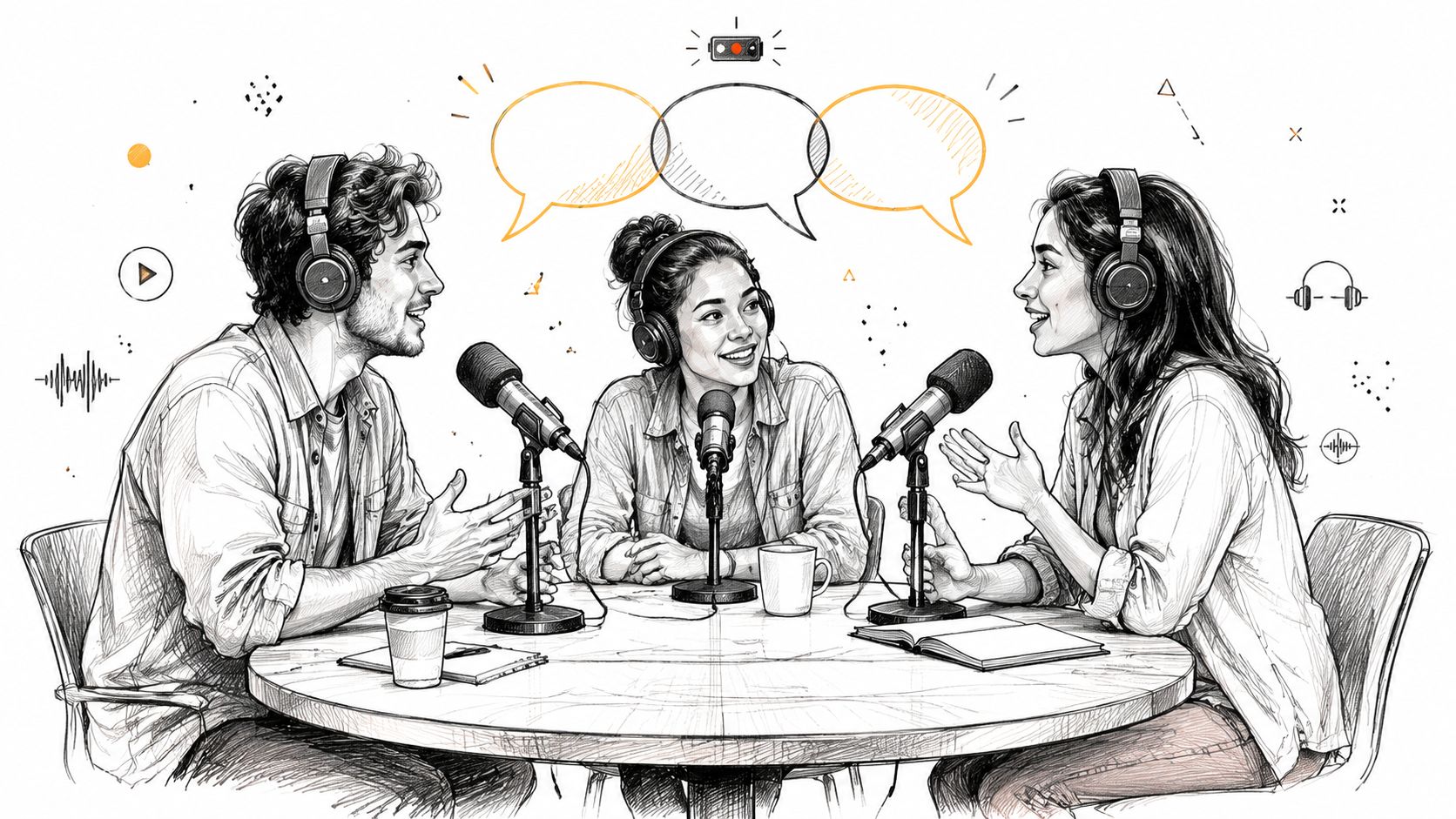 Three people wearing headphones sitting around a table with microphones recording a podcast interview together