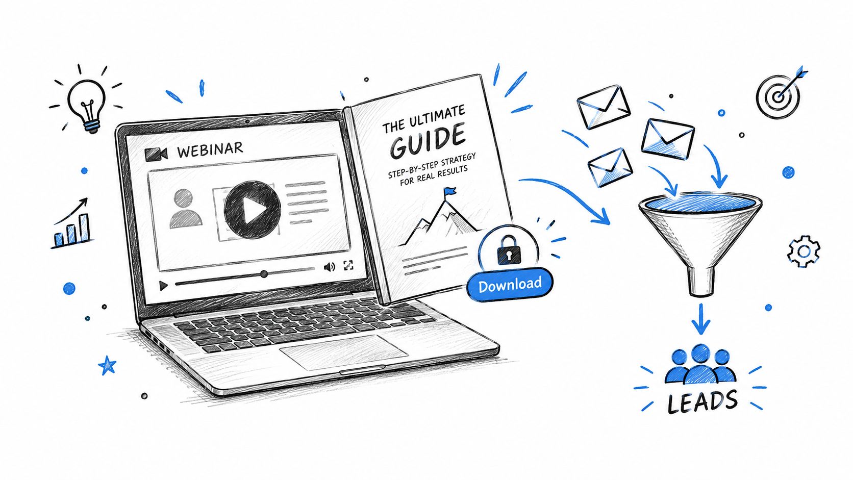 A hand-drawn illustration showing a laptop, a guide, emails being fed into a funnel, and conversion into leads.