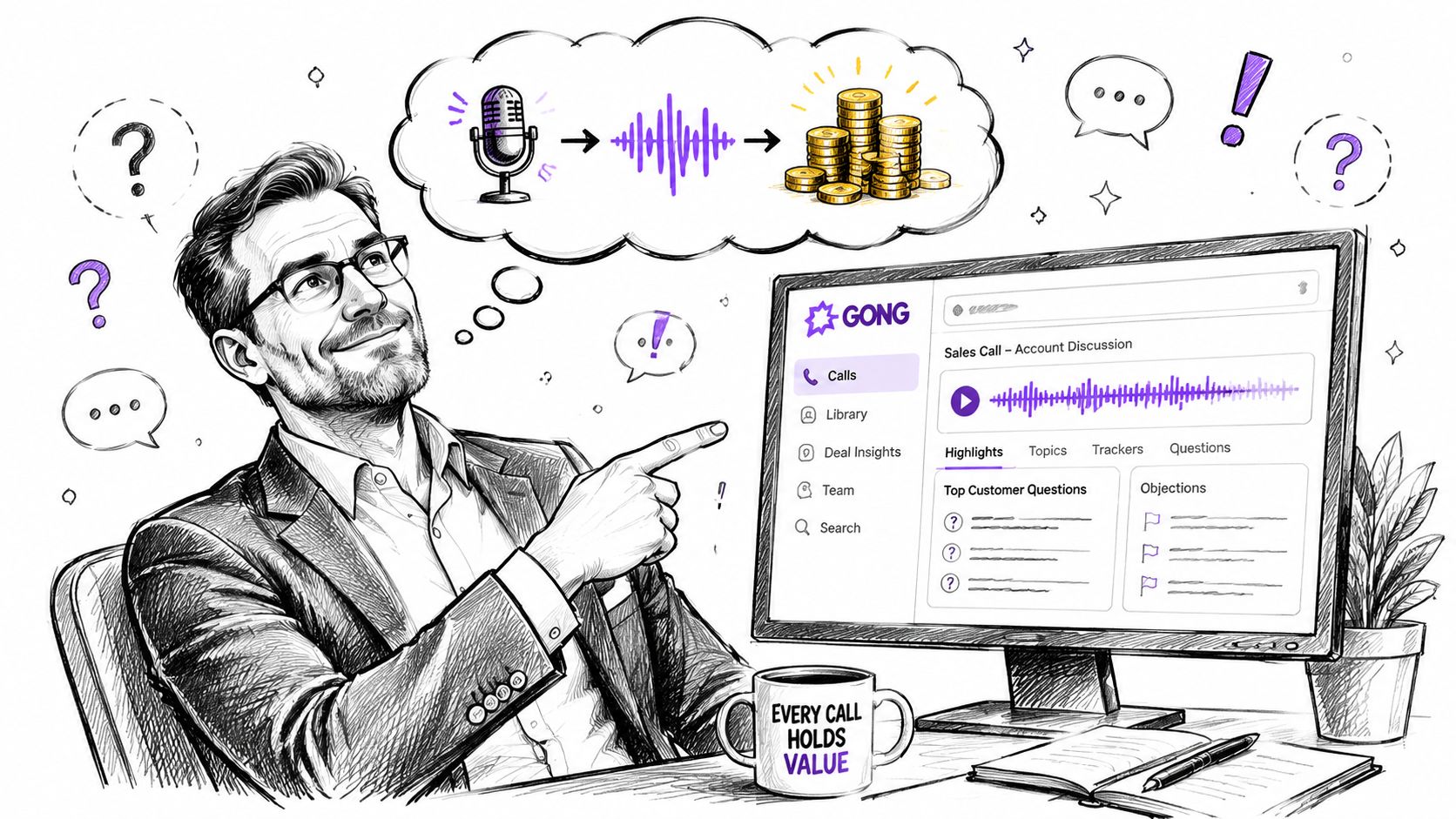 A professional man pointing to a computer screen illustrating the Gong sales call intelligence platform interface.