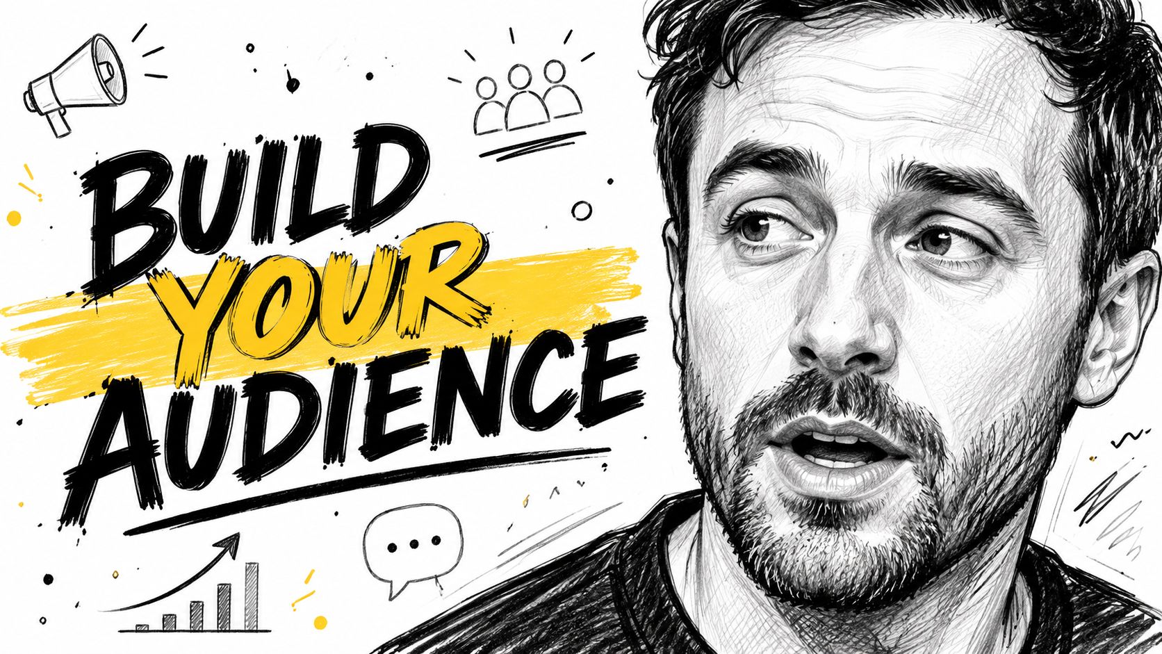 A sketched illustration of a man with a beard next to text reading Build Your Audience.