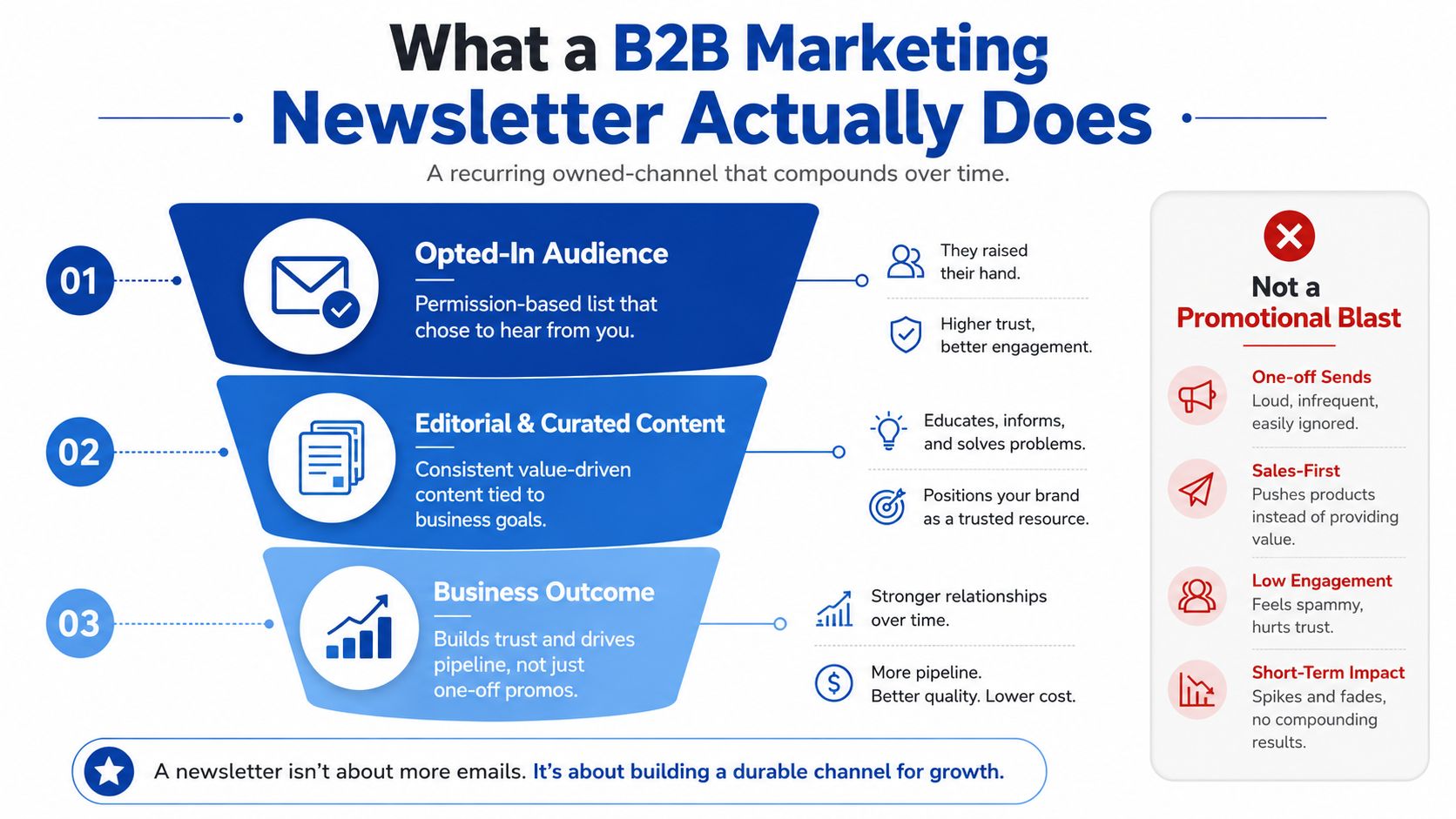 An infographic illustrating how B2B marketing newsletters build long-term value compared to one-off promotional blasts.
