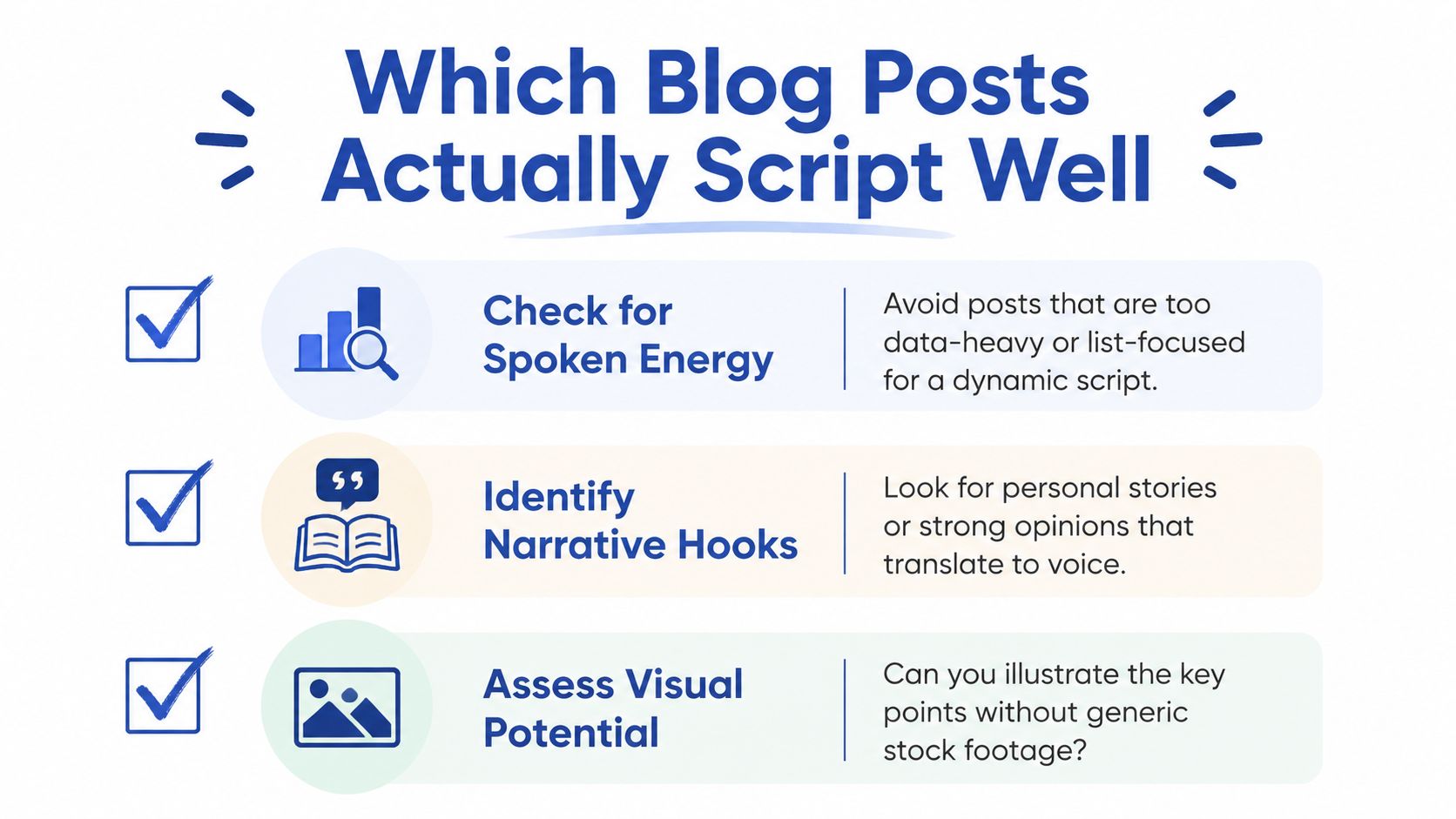 A checklist infographic titled Which Blog Posts Actually Script Well, listing tips for turning blog posts into video content.