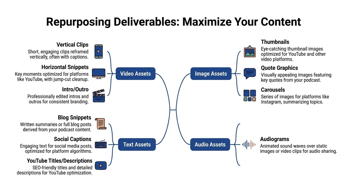 A mind map infographic showing various content deliverables for repurposing a podcast into different digital formats.