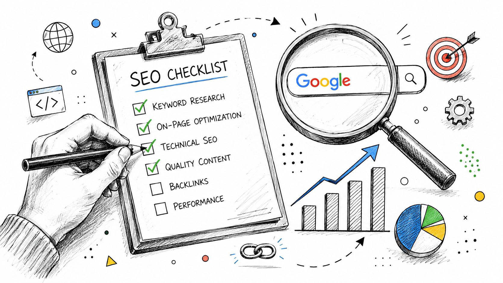 A hand checking off items on an SEO checklist next to a magnifying glass and charts.