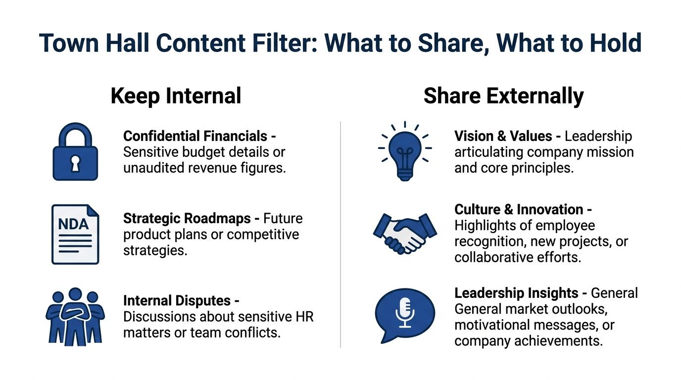 A visual guide titled Town Hall Content Filter showing items to keep internal versus sharing externally.