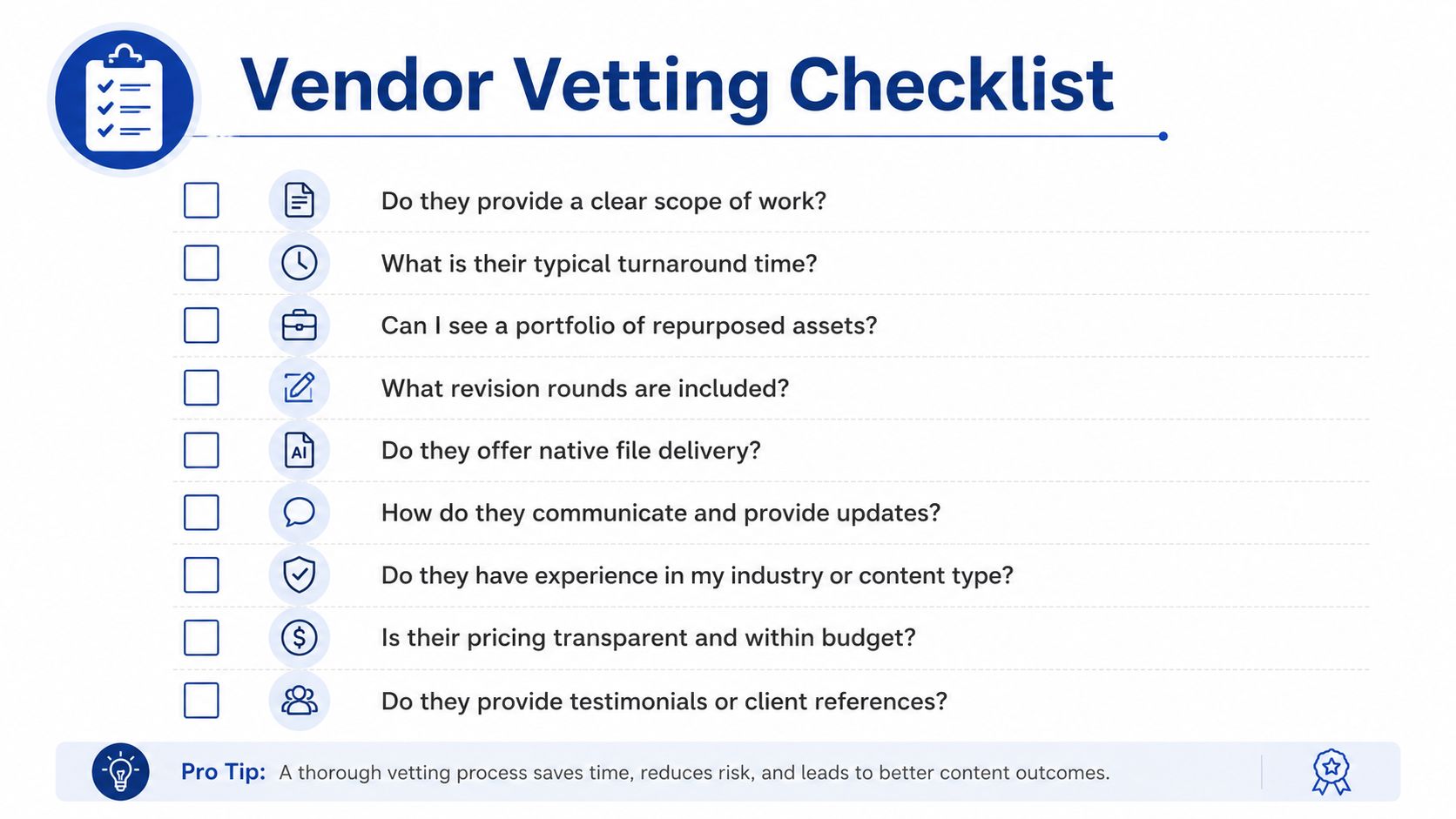 A Vendor Vetting Checklist graphic outlining key questions to ask when hiring content repurposing professionals.