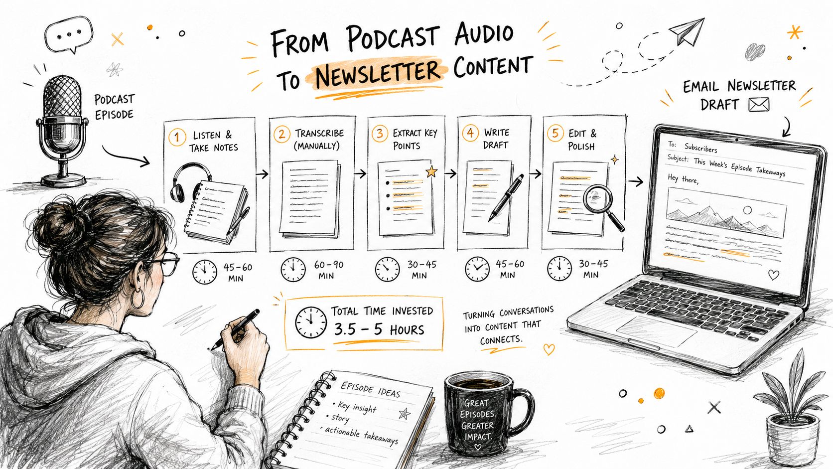 A hand-drawn illustration showing the five-step process of converting podcast audio content into an email newsletter.