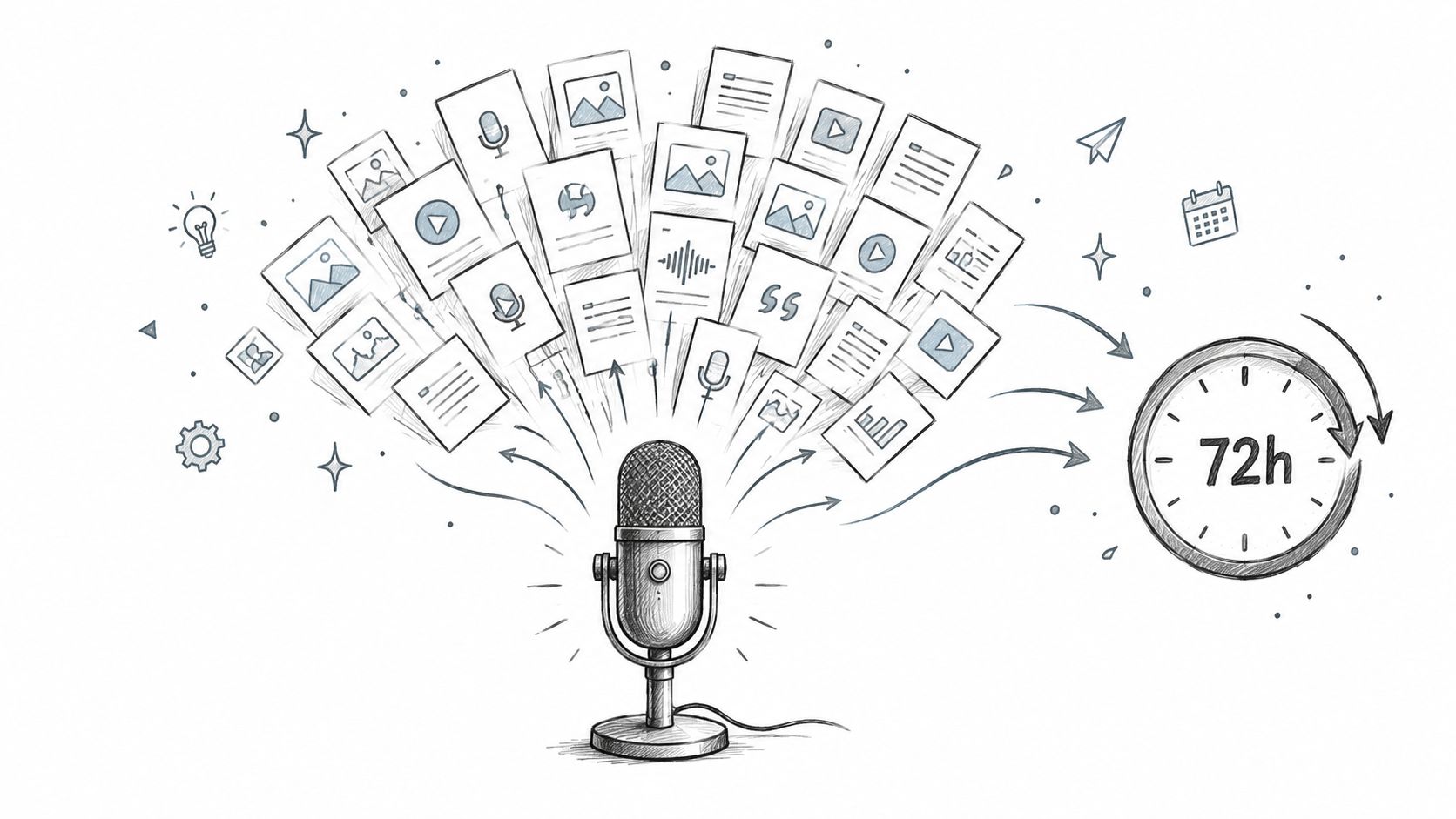 A sketched illustration showing a microphone surrounded by various content icons leading toward a 72-hour clock.