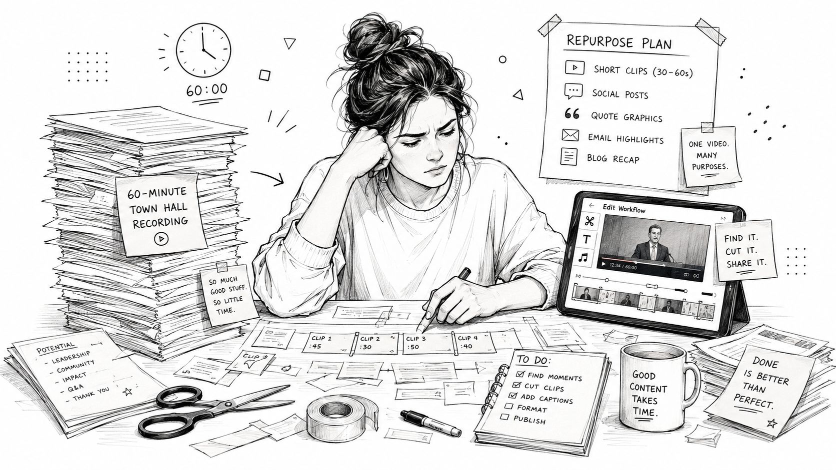 A woman feeling overwhelmed while editing a long town hall recording into smaller content clips.