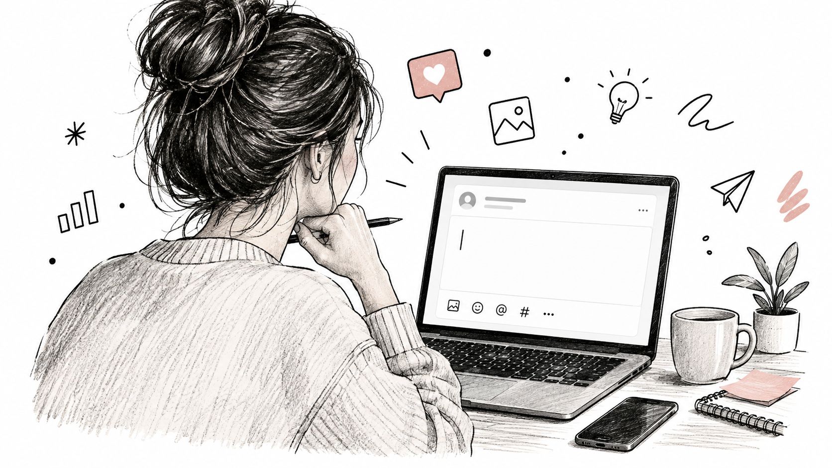 A sketched illustration of a woman working on a laptop surrounded by digital marketing icons.