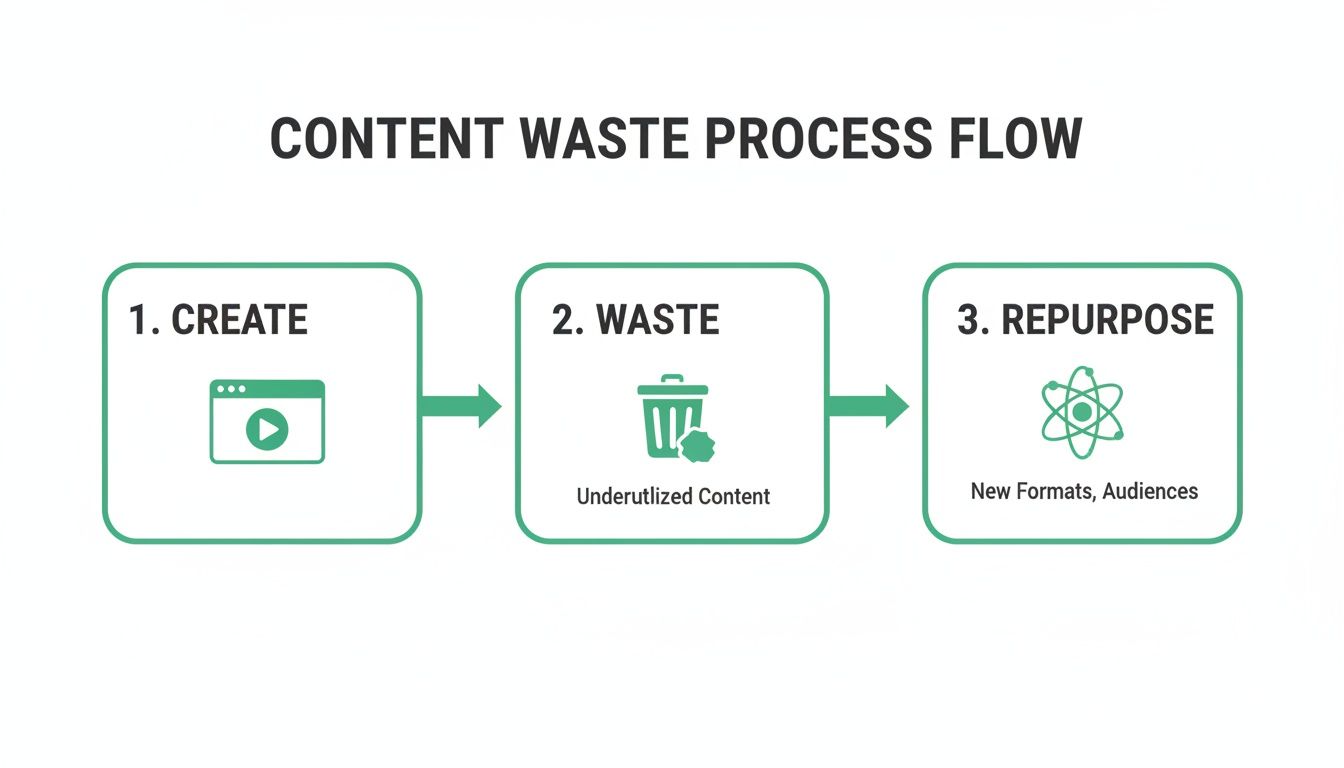 Flowchart illustrating the content waste process, from creation to waste and repurposing.